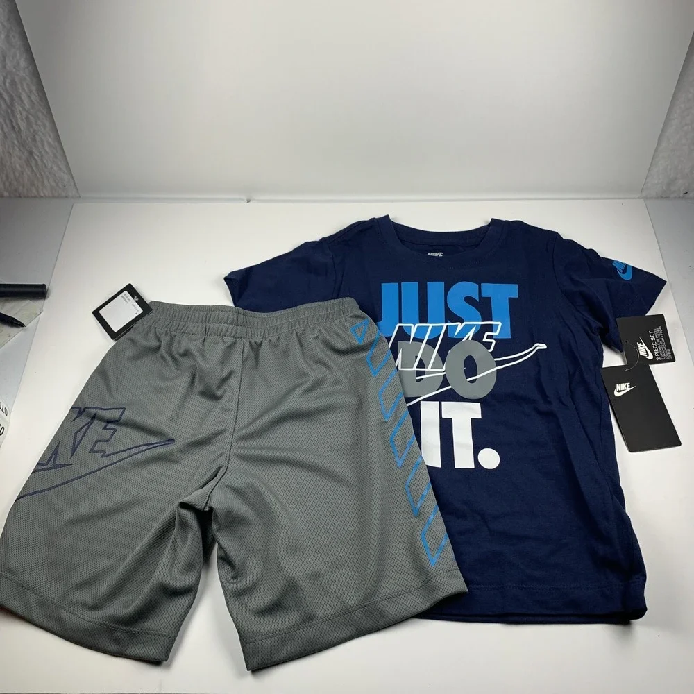 Nike Just Do It Boys 6 Gray Navy Blue Crew Neck Short‎ Sleeve Pullover 2-Pcs Set